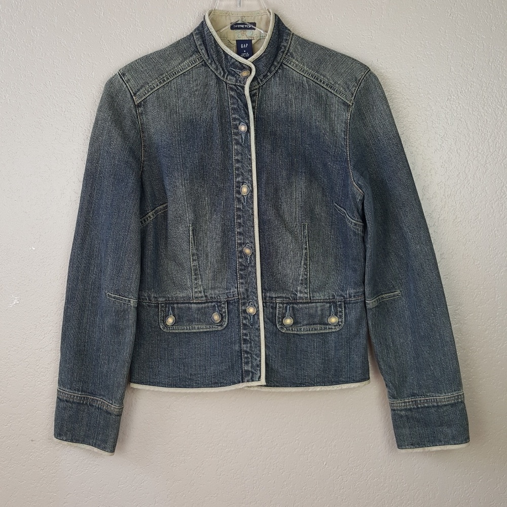 Vintage Gap Stretch Dip Dye Dark Denim Floral Trim Boho Mock Neck Jacket Coat S - Picture 2 of 8